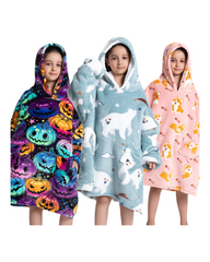 Oversized Kids Wearable Blanket Hoodie with Pocket – Soft Sherpa Fleece Warm Loungewear Poncho