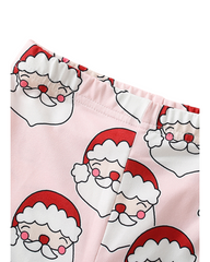 Festive Pink Santa Claus Print Pajama Set for Girls Featuring Long Sleeves and Matching Leggings