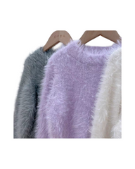Faux Fur Crewneck Sweater - Warm Insulated Plush Pullover Top