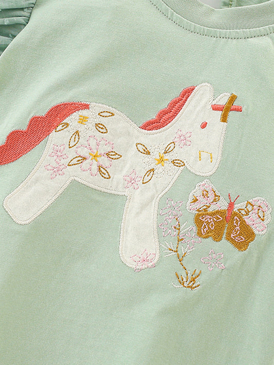 Green Unicorn T-Shirt with Puffed Sleeves