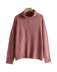 Oversized High-Neck Knit Pullover – Soft Dusty Pink Long Sleeve Fall Jumper