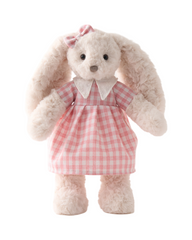 Plush Bunny Stuffed Animal Toy Dressed in Charming Plaid Dress and Striped Overalls