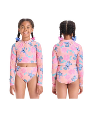 Girls Pastel Floral & Stitch Print Long Sleeve Crop Rash Guard Swimsuit Set