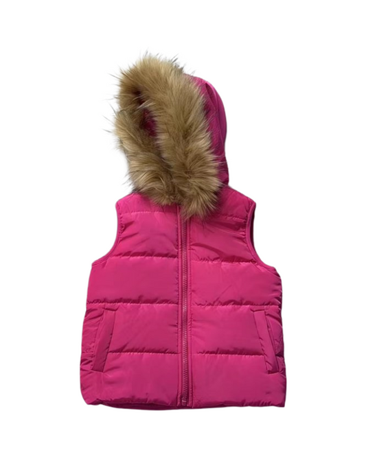 Pink Hooded Puffer Vest Girls Winter Jacket with Faux Fur Trim