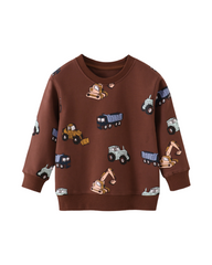Cotton Construction Trucks Print Long-Sleeve Crew Neck Sweatshirt for Boys