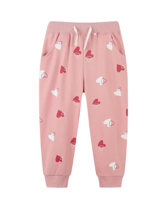 Casual Pink Heart Print Cotton Girls Sweatpants
