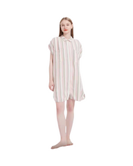 Vertical Striped Linen Mini Shift Dress with Short Sleeves - Casual Everyday Summer Tunic