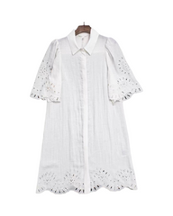 Cotton Eyelet Lace Shirt Dress - Short Sleeve Collared Midi Dress