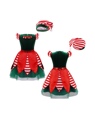 Girls Red and Green Elf Costume Dress with Hat and Striped Sleeves