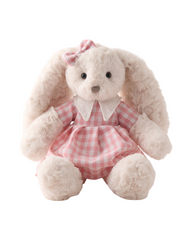 Plush Bunny Stuffed Animal Toy Dressed in Charming Plaid Dress and Striped Overalls