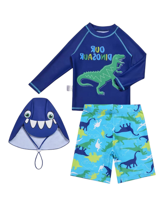 Boys' Three-Piece Dinosaur Swim Outfit Set with Hat