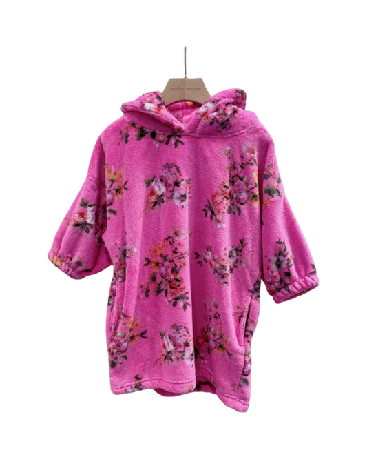 Pink Floral Girls Plush Fleece Oodie – Oversized Hooded Wearable Blanket