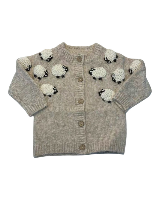 Grey Button-Up Woollen Cardigan with Sheep Pattern