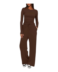 Comfy Ribbed One-Piece Jumpsuit for Women Long Sleeve Round Neck Wide Leg Loungewear