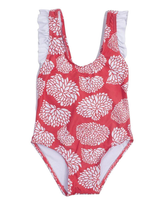 One-Piece Red and White Patterned Swimsuit with Ruffles