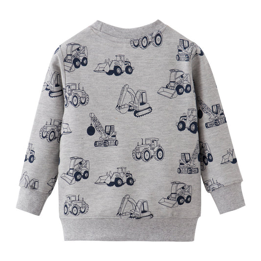 Cotton Construction Trucks Print Long-Sleeve Crew Neck Sweatshirt for Boys