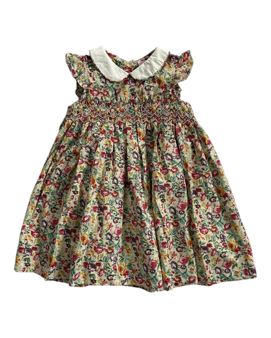 Girls' Smocked Flower Patterned Collared Dress