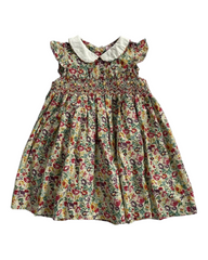 Girls' Smocked Flower Patterned Collared Dress