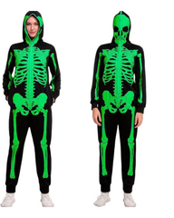 Spooky Green Glow Skeleton Bodysuit & Hood Costume for Adults – Halloween Party & Cosplay