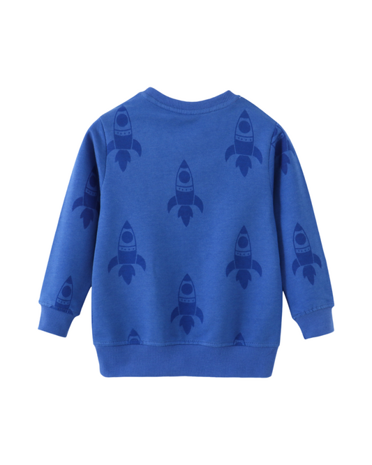 Blue Rocket Ship Printed Cotton Boys Long Sleeve Crewneck Sweatshirt