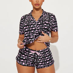 Short Sleeve Button Up Pajama Set Women Silk Satin Sleepwear Loungewear 2 Piece Set