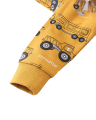 Mustard Yellow Cotton Boys Construction Trucks Print Long-Sleeve Crew Neck Sweatshirt
