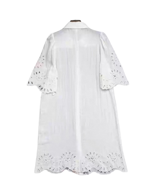 Cotton Eyelet Lace Shirt Dress - Short Sleeve Collared Midi Dress