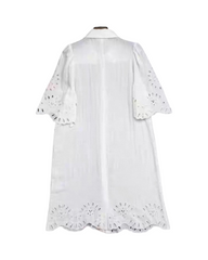 Cotton Eyelet Lace Shirt Dress - Short Sleeve Collared Midi Dress