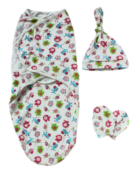 Patterned Baby Swaddle Set Outfit with Hat and Socks