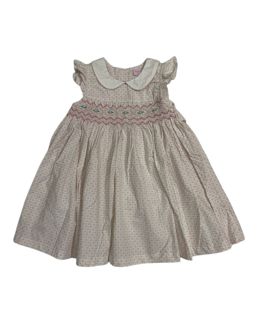 Girls' Smocked Flower Patterned Collared Dress