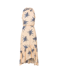 Floral Sleeveless High-Neck Midi Dress - Ruffled High-Low Hem Summer Sundress