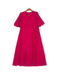 Fuchsia Pink Pleated A-Line Midi Dress with Short Sleeves