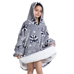 Oversized Kids Wearable Blanket Hoodie with Pocket – Soft Sherpa Fleece Warm Loungewear Poncho