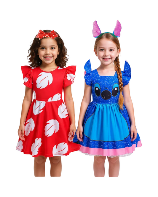 Character Theme Blue and Red Party Dress for Girls Featuring Flutter Sleeves with Headband Set