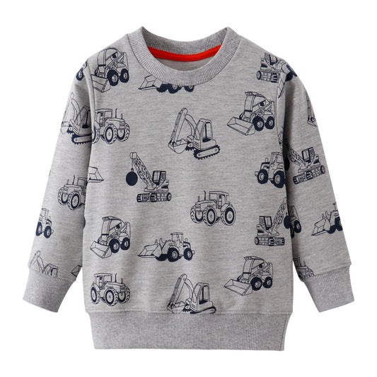 Cotton Construction Trucks Print Long-Sleeve Crew Neck Sweatshirt for Boys