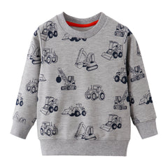 Cotton Construction Trucks Print Long-Sleeve Crew Neck Sweatshirt for Boys