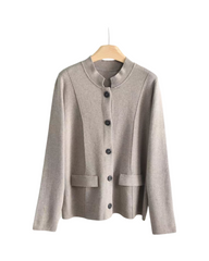 Beige Knit Cardigan Jacket with Pockets & Round Neck - Women’s Long Sleeve Crop Bolero
