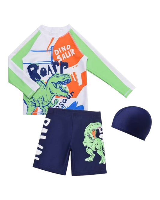 Boys' Three-Piece Dinosaur Swim Outfit Set with Hat