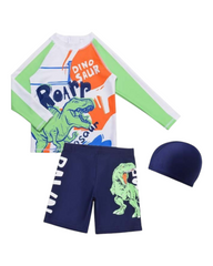 Boys' Three-Piece Dinosaur Swim Outfit Set with Hat