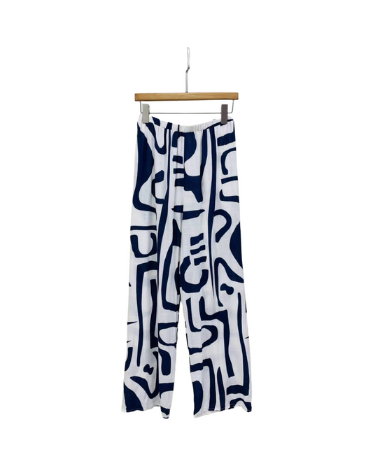 Abstract Graphic Pattern Wide Leg Pants – Mid Rise Long Trousers