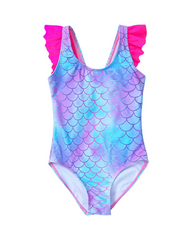 Mermaid Scale Print Girls One-Piece Swimwear with Ruffled Straps