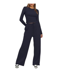 Comfy Ribbed One-Piece Jumpsuit for Women Long Sleeve Round Neck Wide Leg Loungewear