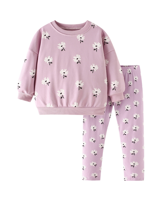 Pink Daisy Floral Long Sleeve Top and Matching Trousers Set for Girls