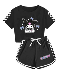 Girls Kuromi Cartoon Print T-Shirt with Shorts Set