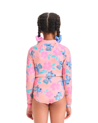 Girls Pastel Floral & Stitch Print Long Sleeve Crop Rash Guard Swimsuit Set