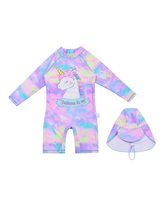 Long-Sleeved Rainbow Unicorn Swimsuit with Hat