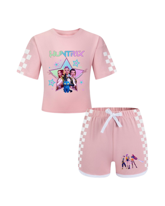 Girls Kpop Music Hunters Tracksuit Top Tee Shorts Sets
