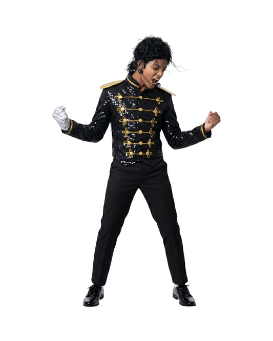 Black Sequined Military Style Performance Costume Jacket with Wig and Glove Set
