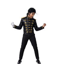 Black Sequined Military Style Performance Costume Jacket with Wig and Glove Set