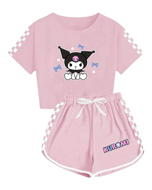 Girls Kuromi Cartoon Print T-Shirt with Shorts Set